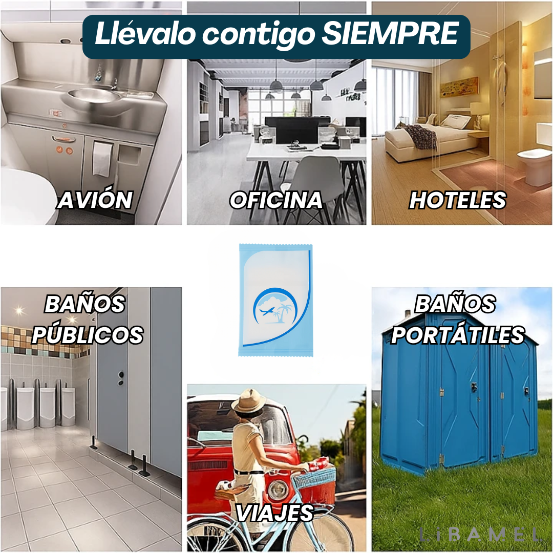 Protector higiénico desechable para asiento de inodoro. Protégete de bacterias, suciedad e infecciones.